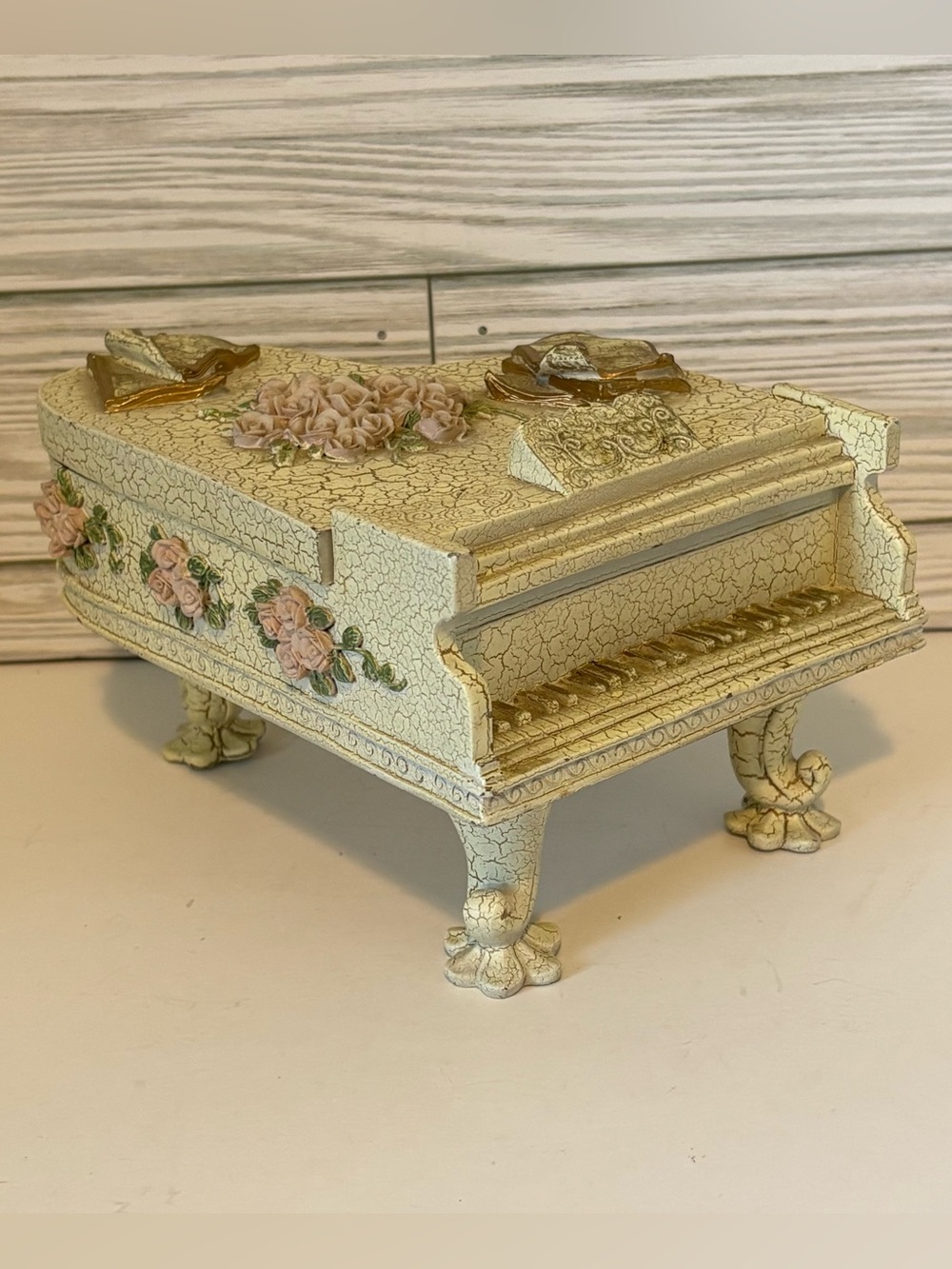 Dezine Musical Piano Keepsake Box Vintage 90s Crackle Finish Sankyo Movement